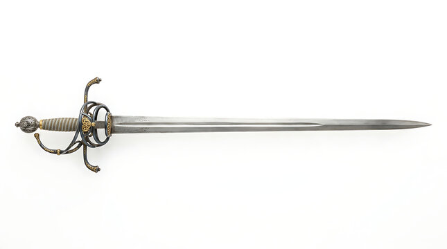 An ornate historical rapier sword with intricate gold metalwork isolated on white background