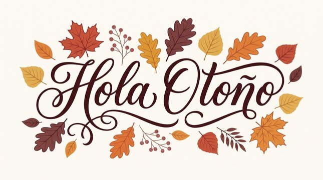 Hola Oto&ntilde;o Spanish greeting calligraphy banner with hand drawn autumn leaves