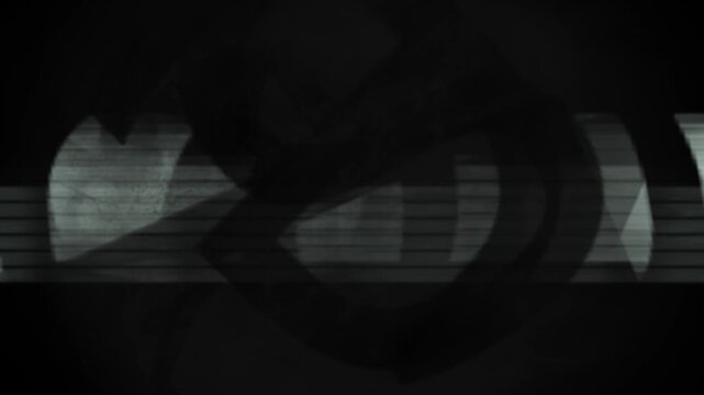 Dark geometric shapes and abstract ribbons overlap against a black background, interrupted by a faint horizontal glowing band. The low-key lighting and glitch effect create a dramatic, cybernetic