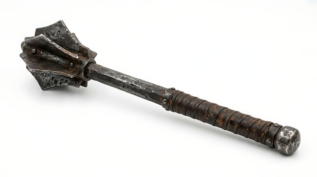 A detailed antique medieval mace weapon with iron flanges and a dark leather wrapped handle