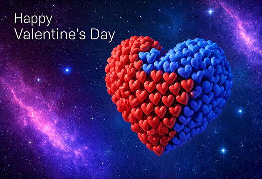 Beautiful heart made of red and blue smaller hearts for valentines day celebration in space