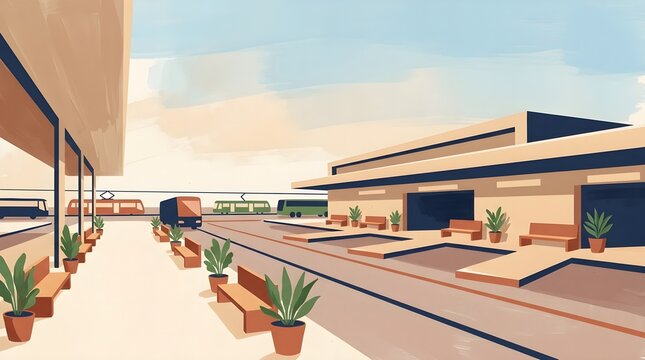 Modern bus terminal station painted vector illustration urban transit