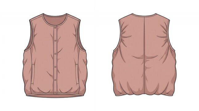 Brown Puffer Vest Fashion Technical Illustration Front and Back View Padded Body Warmer Gilet Template Outerwear Clothing Flat Ske