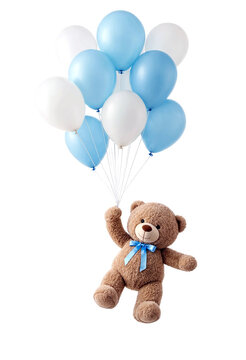 Cute brown teddy bear holding blue and white balloons floating happily in the air