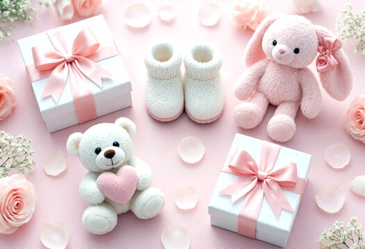 Adorable pastel baby shower gifts with teddy bear plush toys and wrapped boxes on pink background