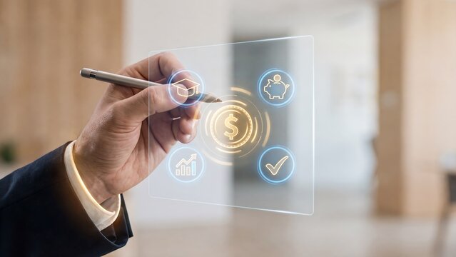 Education savings planning concept, businessman using stylus on digital interface with graduation cap, dollar coin, piggy bank, growth chart and approval icons, scholarship fund and financial literacy