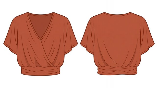 Terracotta Brown Surplice Front Wrap Blouse with Short Sleeves Fashion Technical Drawing Front and Back Views