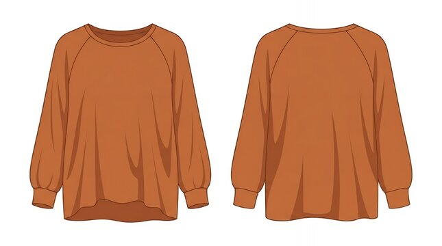 Oversized Brown Sweatshirt Technical Flat Sketch Front and Back View Long Sleeve Raglan Pullover Top Template