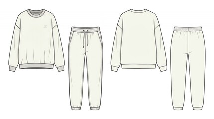 Naklejka premium Technical Fashion Illustration of Oversized Cream Sweatshirt and Matching Joggers Set Front and Back