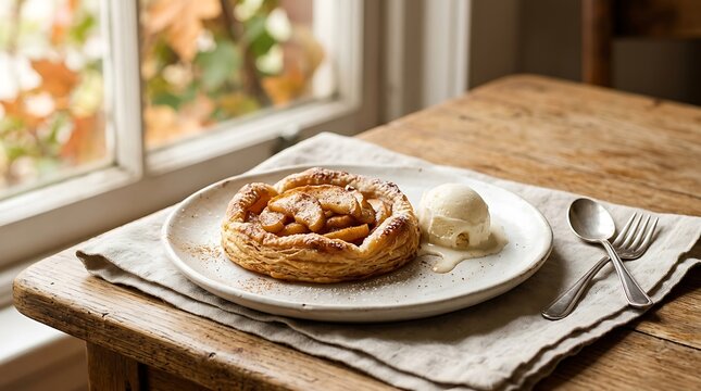 A freshly baked apple galette served on a ceramic plate with a scoop of vanilla ice cream, silverware, and a linen napkin on a rustic wooden table near a window in autumn daylight.