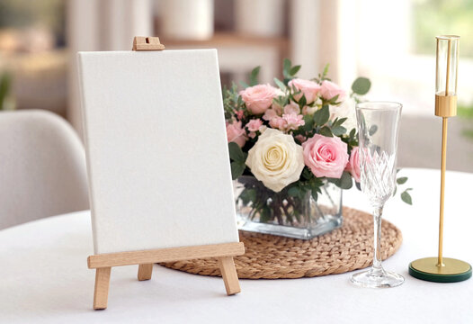 Elegant table setting with blank canvas easel pink roses and wine glass for special occasions