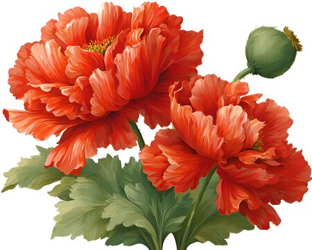 Beautiful red oriental poppies with green leaves and a seed pod