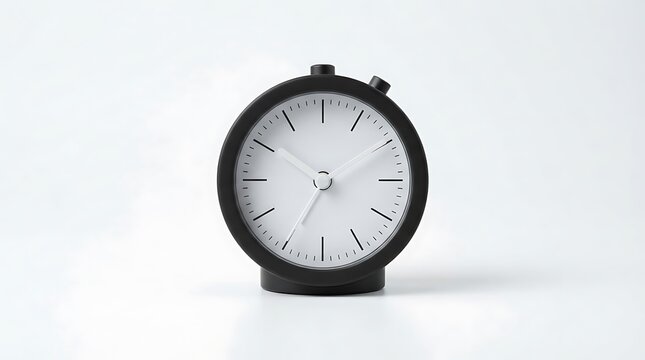Minimalist black and white analog alarm clock isolated on a white background