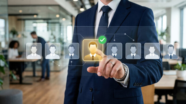 Corporate talent management interface showing recruiter selecting ideal job candidate from digital applicant pool in modern office