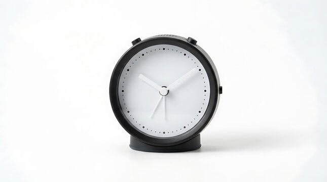 Minimalist black and white analog alarm clock isolated on white background