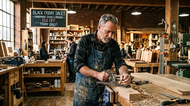 A craft artisan man working diligently at a wooden workbench, focused on detailed woodwork creation, suggesting skill and tradition, perfect for DIY or craftsmanship themes