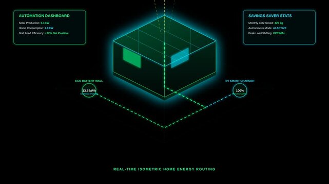 Smart Home Energy Management Dashboard Display with Real Time Isometric Routing Visualization UI