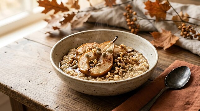 A ceramic bowl of warm oatmeal topped with caramelized sliced pears and seeds sits on a wooden table, accompanied by a spoon, orange napkin, and dry autumn leaves near a window.
