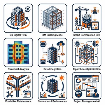Smart Construction and BIM Digital Twin Technology Icon Set