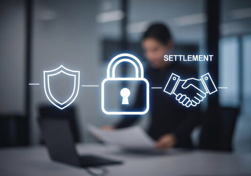 Business settlement concept with secure handshake and padlock icons over blurred office background featuring professional woman working with documents.