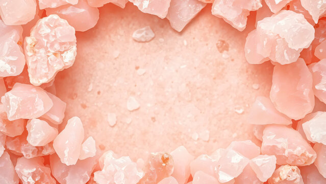 Pink himalayan salt crystals forming frame around empty space on powder background with rough rocks for natural mineral texture and spa concept.