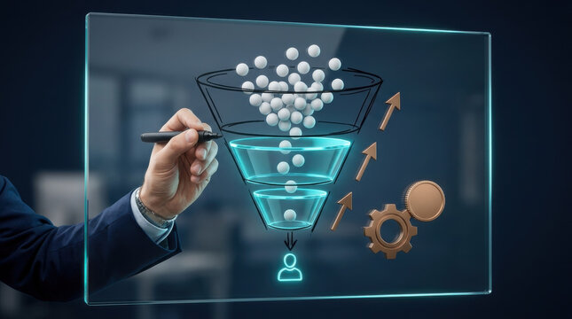 Lead generation funnel strategy drawn on glass board showing conversion optimization process and business marketing automation
