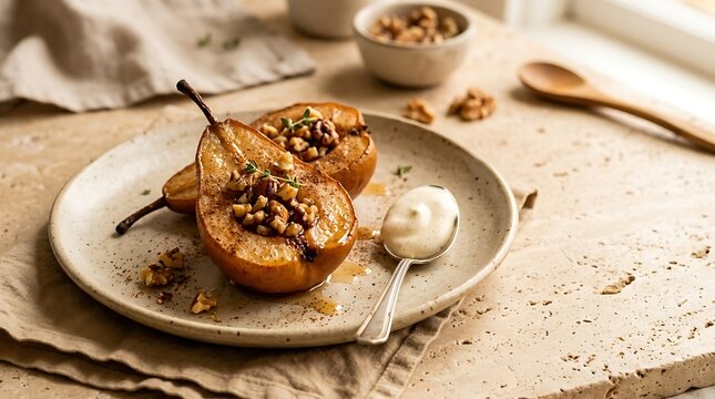 Baked pear halves topped with chopped walnuts and syrup served on a beige plate alongside a scoop of cream and a spoon, set on a stone tabletop with linen cloth and window light.