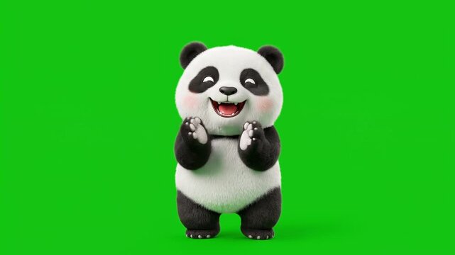3D animated cute panda character clapping on green screen background.