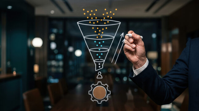 Sales conversion funnel drawn on glass wall in modern corporate boardroom illustrating targeted lead generation workflow