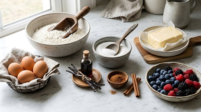 An array of baking ingredients including flour in a bowl, eggs in a basket, butter, sugar, vanilla pods, cinnamon sticks, powder, and a bowl of fresh berries on a marble counter.