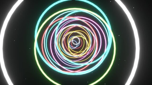 Colorful neon light rings flying through camera seamless loop 4K tunnel background