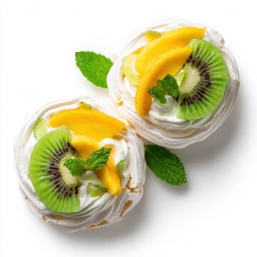 Tropical mini pavlovas with kiwi mango and cream isolated on a white background