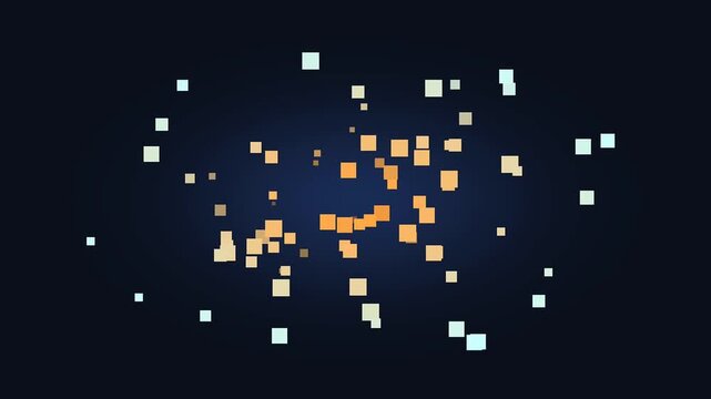 3D Exploding Pixel Cloud with Orange and Cyan Squares on Dark Blue Radial Glow &ndash; Abstract Nano Sphere Assembly & Data Burst Background Loop