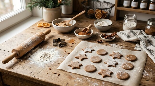 Raw gingerbread cookies cut into star and circle shapes rest on baking paper alongside a rolling pin, flour, cookie cutters, and spice bowls on a rustic wooden table by a window.
