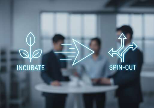 Business strategy concept of incubation and spin-out showing company growth from a startup into separate entities with professional team.