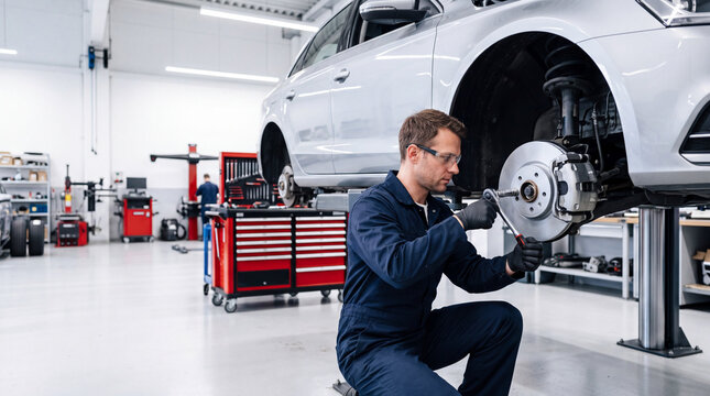 Automotive Mechanic Repairing Car Brake System in Professional Workshop