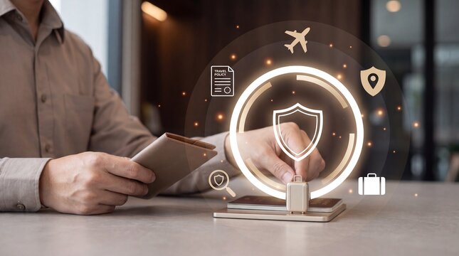Man interacting with travel insurance shield icons with touching digital interface holding passport touching