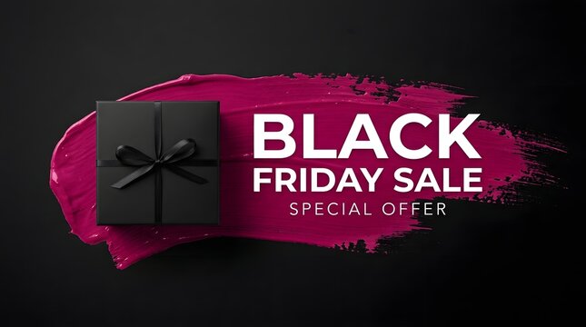 Black friday sale banner with gift box on magenta paint brush stroke