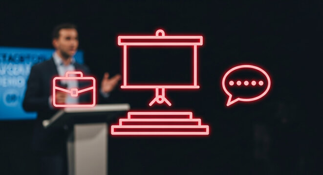 Professional Business Presentation Concept with Neon Glowing Icons of Briefcase Presentation Screen and Speech Bubble Over Blurred Male Speaker