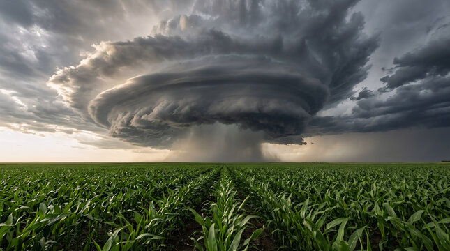 Supercell storm cloud over lush green cornfield crop before powerful summer rain