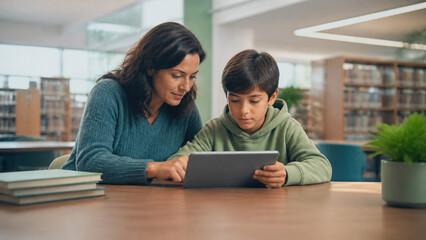 Obraz premium 図書館で子どものタブレット利用時間を確認する保護者
