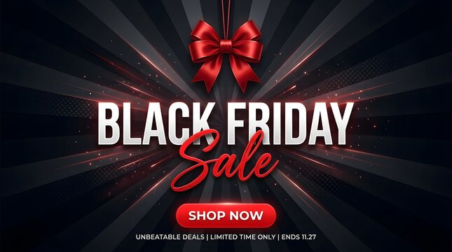 Black friday sale banner with red bow and glowing light effects