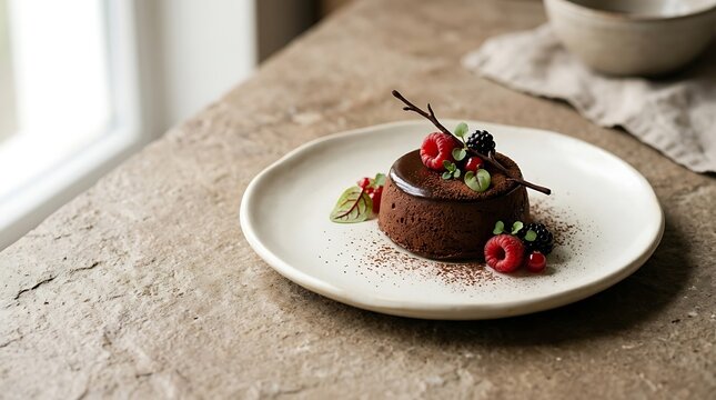 A individual chocolate lava cake topped with raspberries and mint leaves rests on a ceramic plate, dusted with cocoa powder, set on a stone tabletop with a linen napkin near a window.