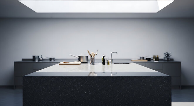 Modern kitchen island with sink and faucet, minimalist design, natural light from skylight