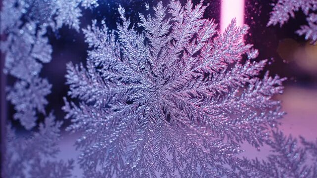 Intricate frost patterns forming delicate snowflakes on a window glass, illuminated by soft blue and pink lights, winter season atmosphere