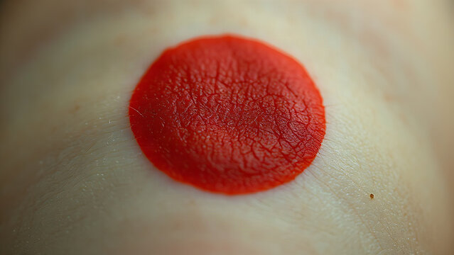 A close-up view of a slightly reddened circular mark on skin with a darker center.