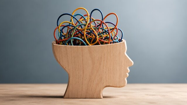 Wooden human head profile filled with tangled colorful strings. Concept of complex thinking and psychological problem solving.