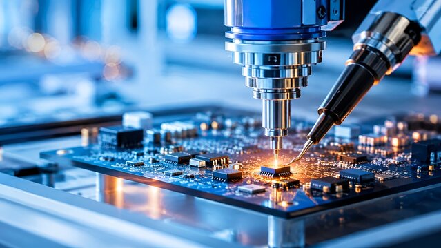 Precision robotic arm assembling a microchip on a circuit board. Concept of automated semiconductor manufacturing and advanced technology.