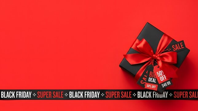 Black friday sale gift box with red ribbon on red background
