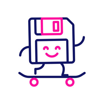 Cute floppy disk character skateboarding in minimalist line art